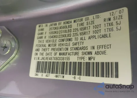 2008 Honda Cr-V Ex-L z USA, uszkodzony, nr VIN JHLRE487X8C038155